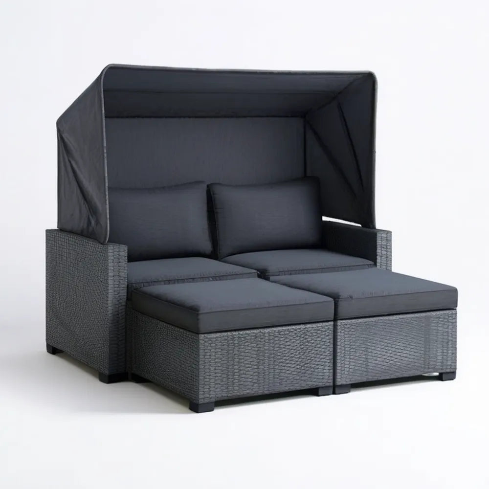 Dwuosobowa sofa ogrodowa z rozkładanym daszkiem, technorattan PE, szaro-czarna, 140 x 150 x 150 cm