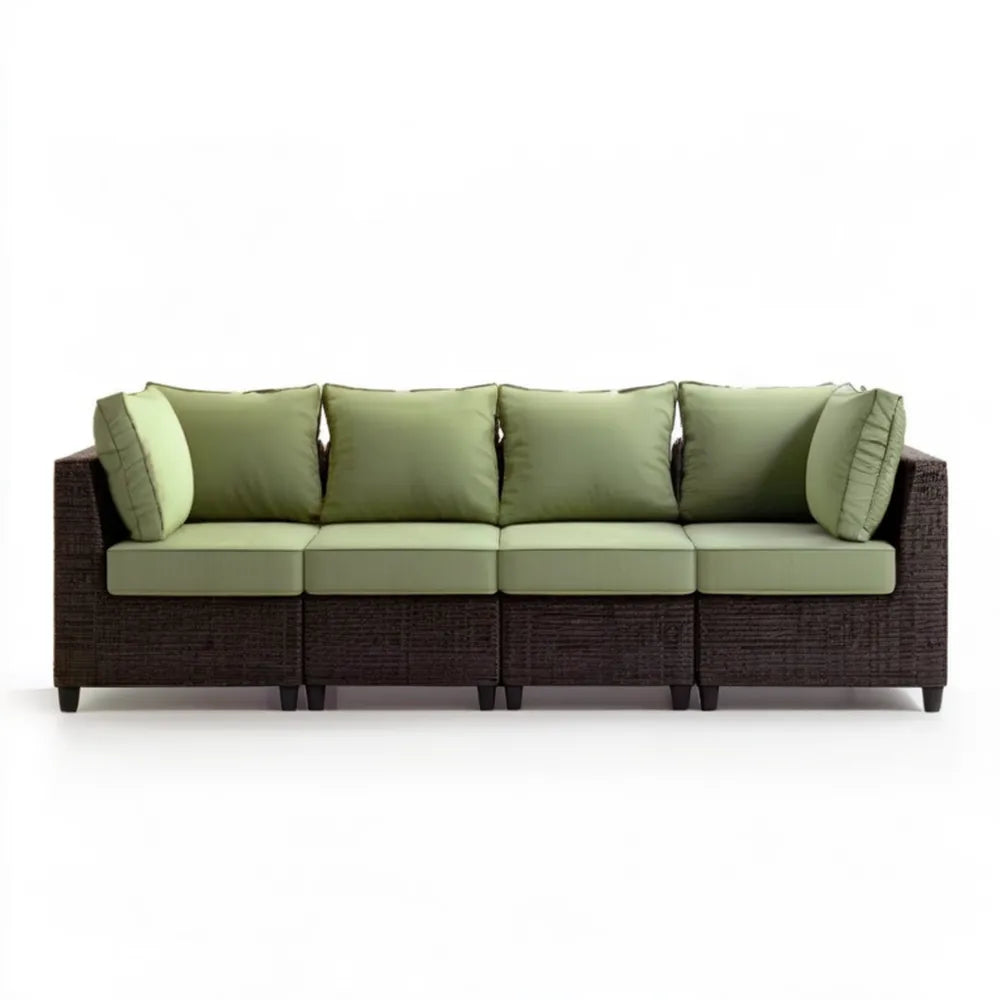 4-osobowa sofa ogrodowa z technorattanu PE z zielonymi poduszkami, ciemnobrązowa, 280 × 75 × 68 cm