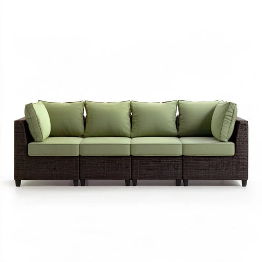 4-osobowa sofa ogrodowa z technorattanu PE z zielonymi poduszkami, ciemnobrązowa, 280 × 75 × 68 cm