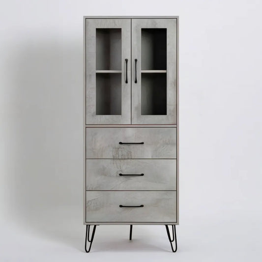 Witryna z MDF w dekorze szarego betonu, 80 x 40 x 180 cm, 2 szklane drzwi i 3 szuflady