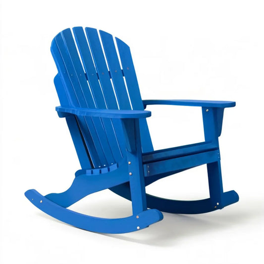 Niebieski fotel bujany Adirondack z HDPE, wysokie oparcie, 83 x 73 x 92 cm