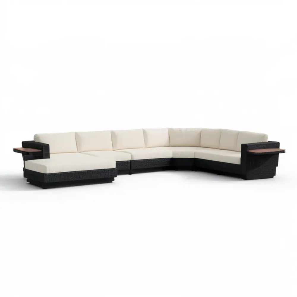 Modułowa narożna sofa ogrodowa z technorattanu PE, czarno-kremowo-brązowa, 360 x 250 x 85 cm