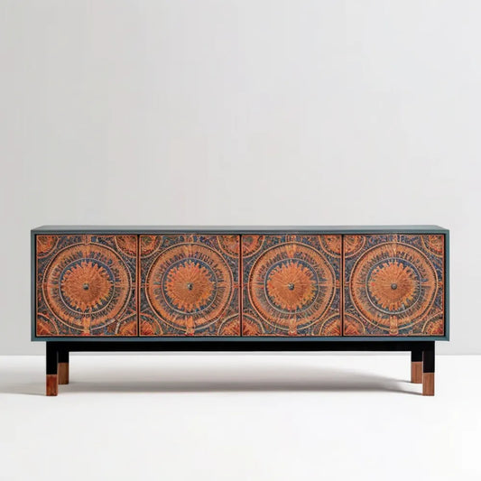 Czterodrzwiowa komoda MDF z ornamentem rozetowym, ciemnozielona/brązowa, 160 x 40 x 80 cm